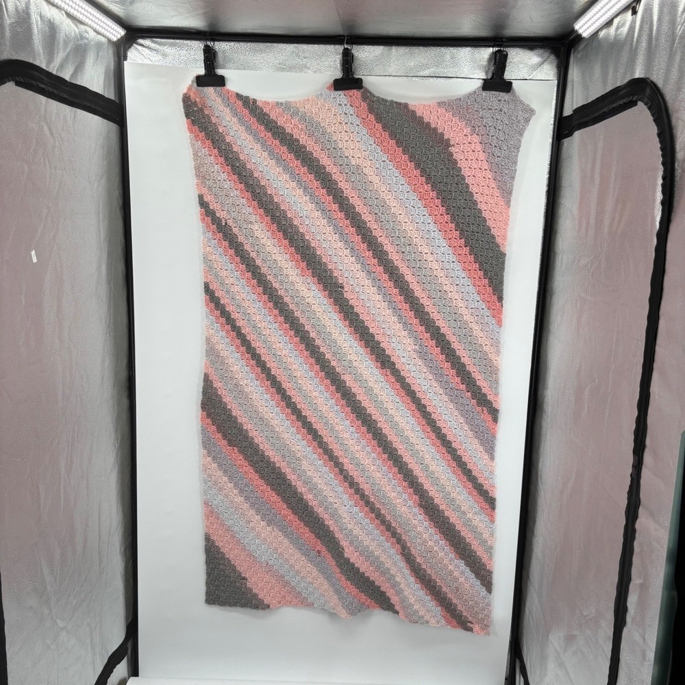 Handmade Crochet Blanket Afghan 60"x36" Diagonal Stripes Pink Gray White Sparkle